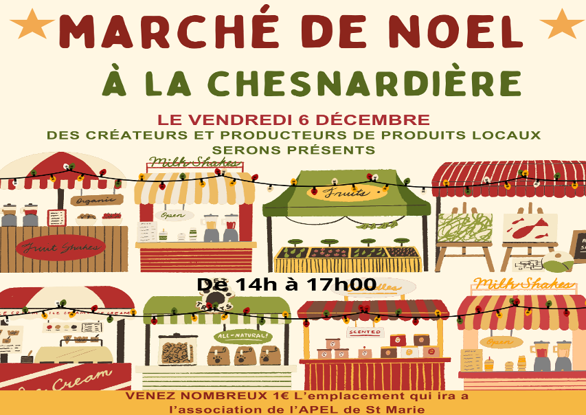 Rendez vous au Marché de Noël organisé par l’EHPAD La Chesnardière à Fougères le vendredi 6 Décembre 2024 de 14h00 à 17h00.