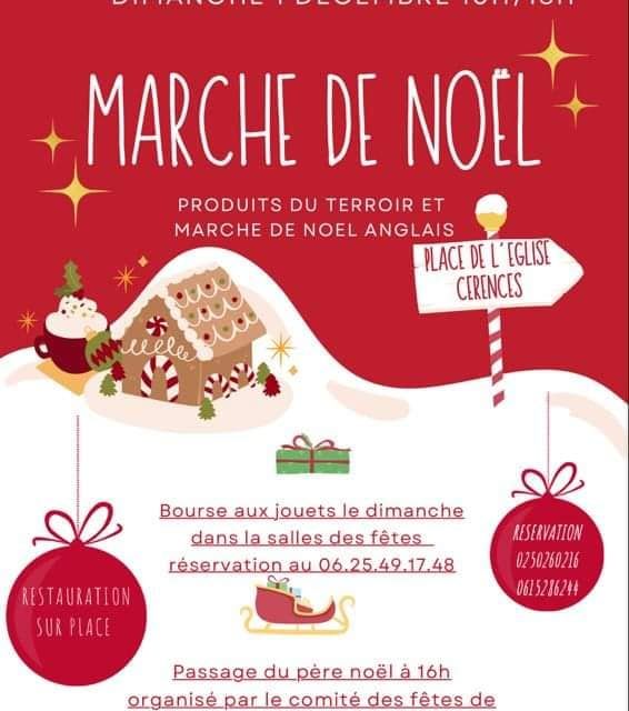 Marché de Noël samedi 30 Novembre et dimanche 1er Décembre 2024 à Cérences. Produits du Terroir, marché de Noël Anglais et présence du Père Noël.